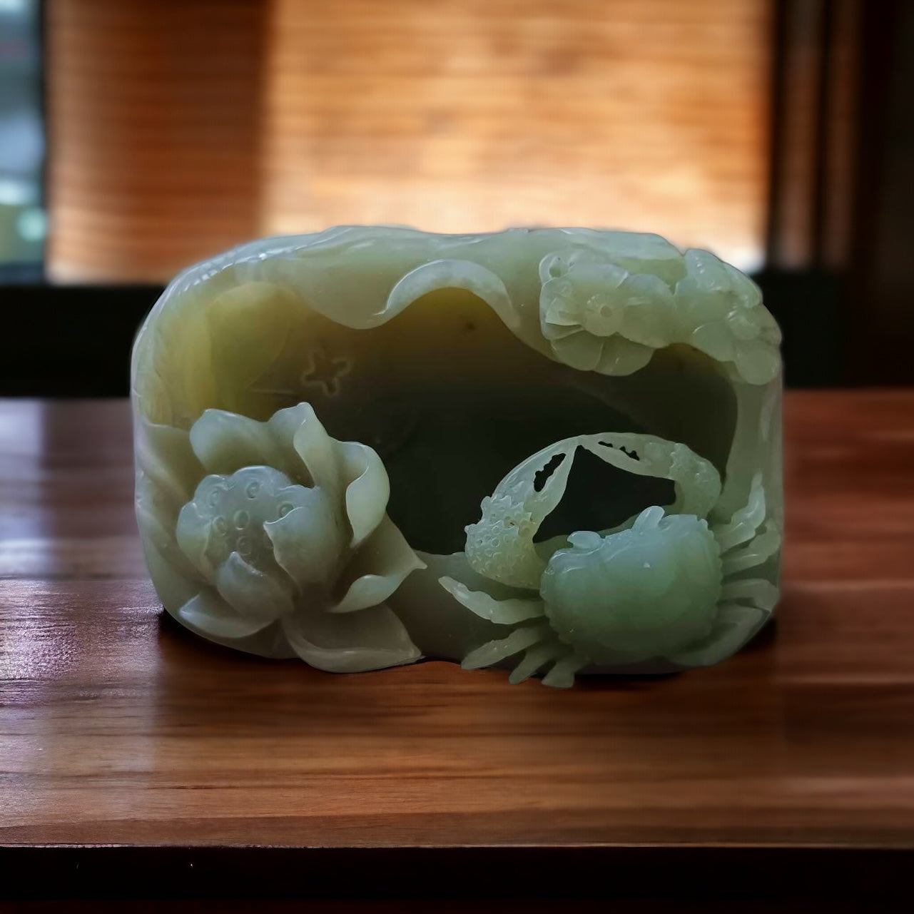 #650 AGL Certified Natural Green Nephrite Jade, Crab Brush Washer/Display