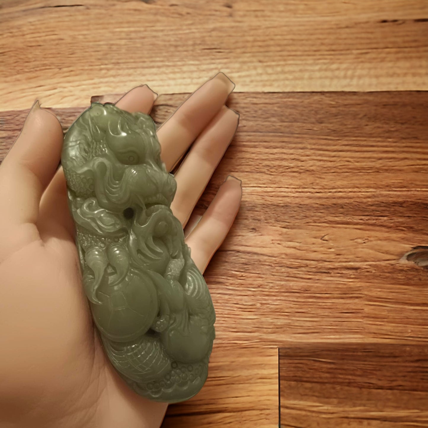 #653 AGL Certified Green Natural Nephrite Jade Dragon Handheld Piece