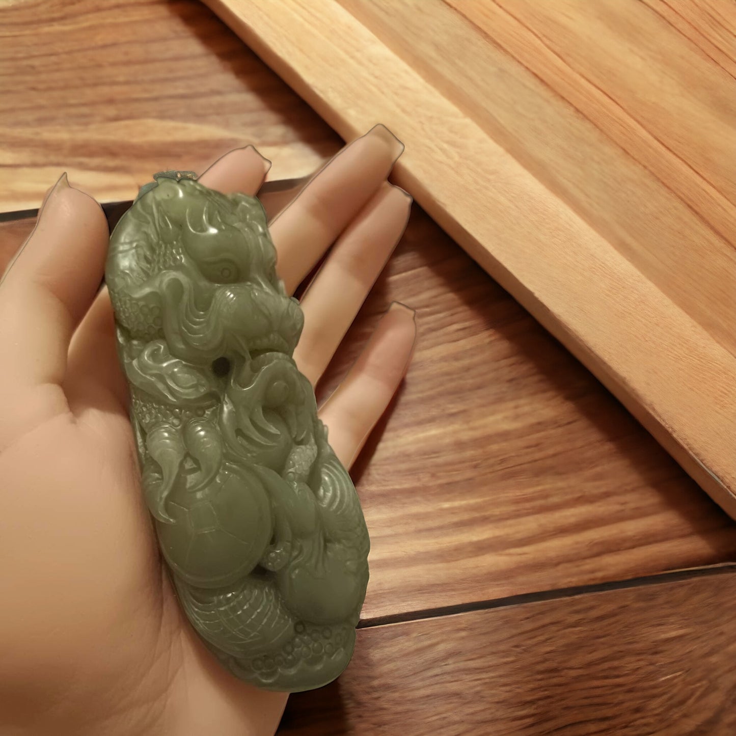 #653 AGL Certified Green Natural Nephrite Jade Dragon Handheld Piece