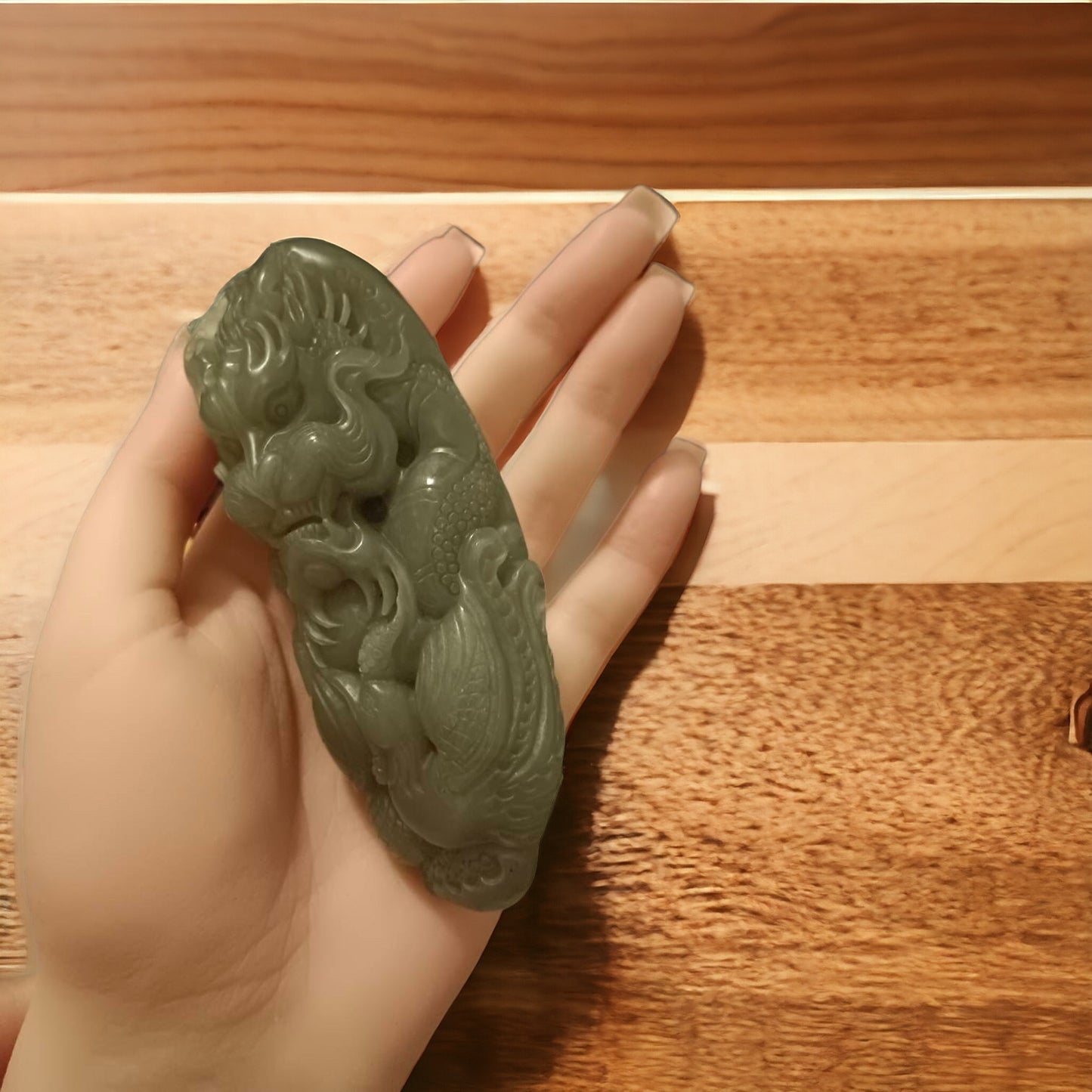 #653 AGL Certified Green Natural Nephrite Jade Dragon Handheld Piece