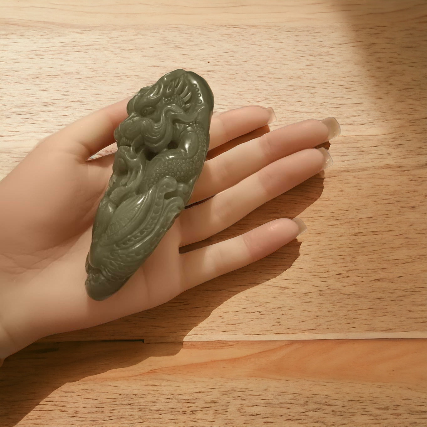 #653 AGL Certified Green Natural Nephrite Jade Dragon Handheld Piece
