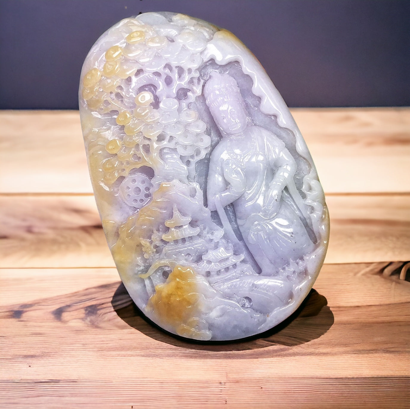 #635 AGL Certified Natural Lavender/Green/Yellow Burma Jadeite Guan-Yin in Landscape Pendant