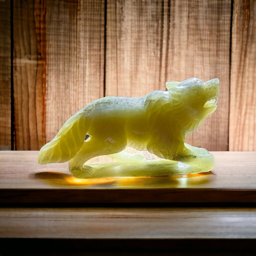 #655 AGL Certified Natural Light Green Nephrite Jade Wolf Statuary
