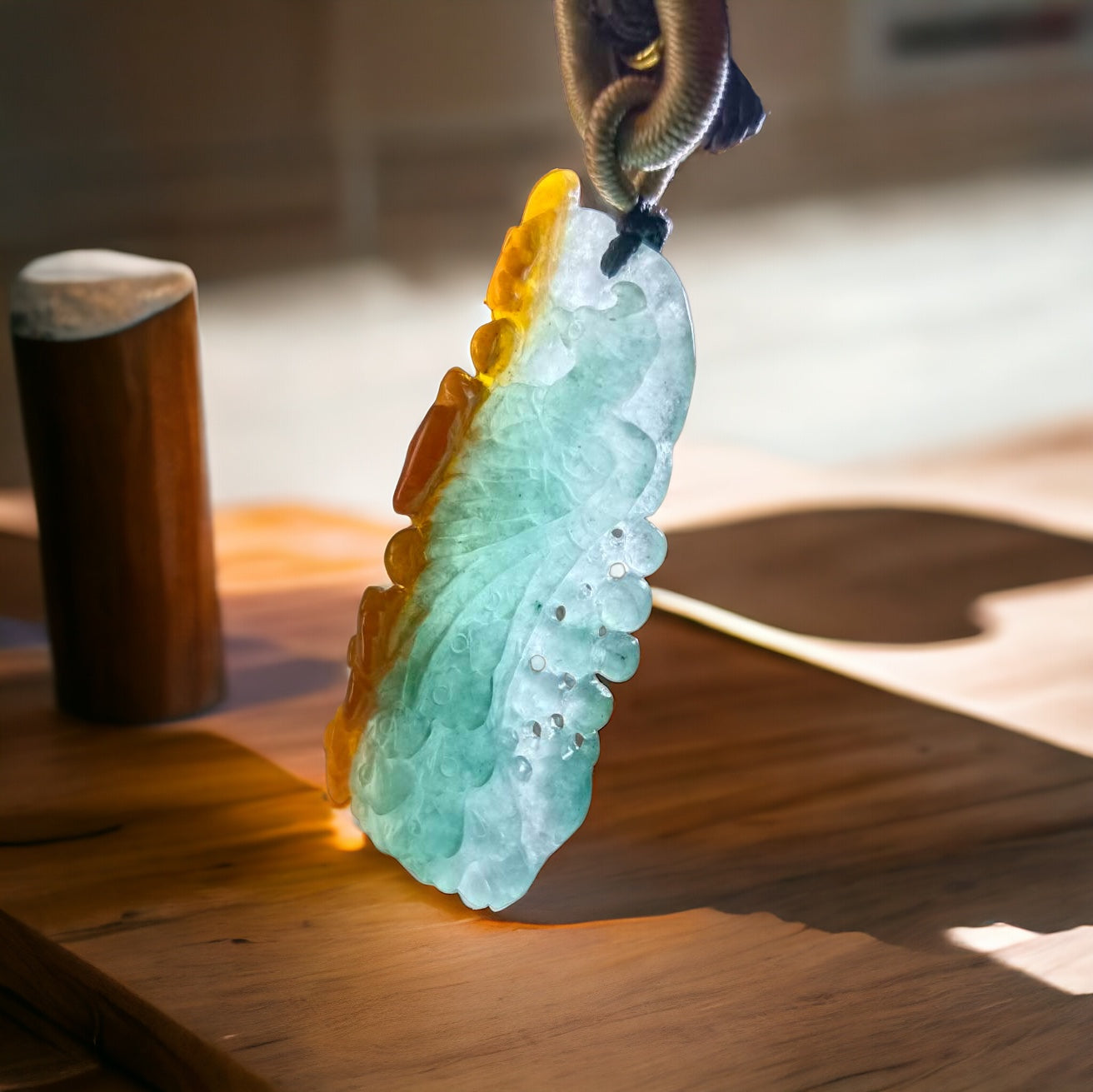#656 AGL Certified Translucent Natural Yellow and Green Burma Jadeite Phoenix Pendant