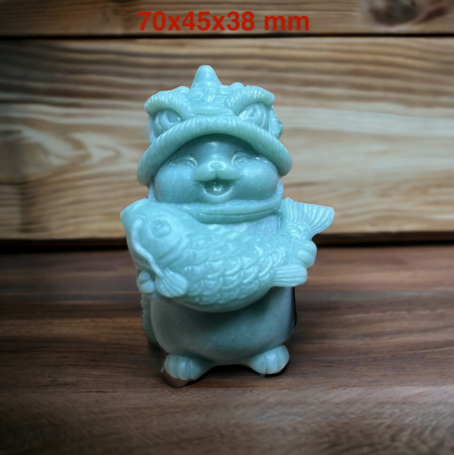 #827 Natural Guatemala Jadeite, Cat Dressed in Lion Costume Holding a Fish Figurine/Display