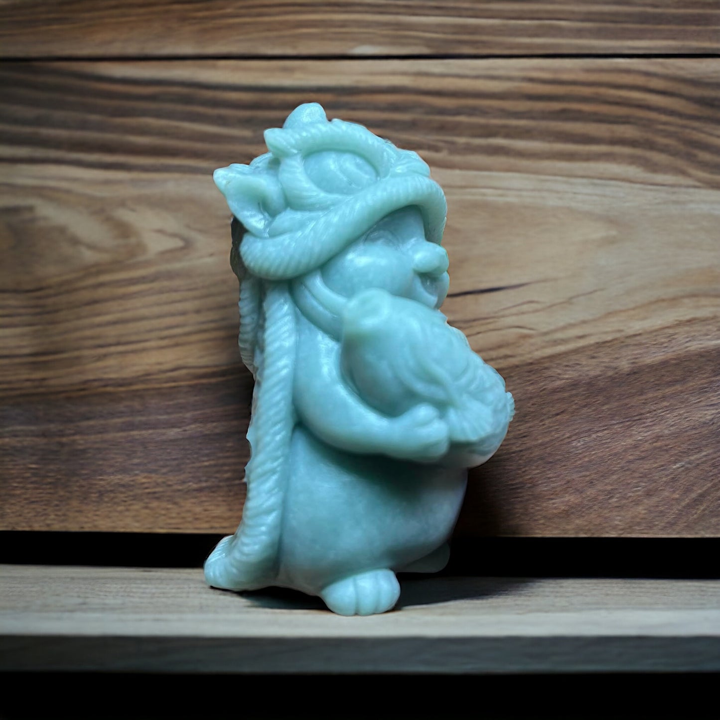 #827 Natural Guatemala Jadeite, Cat Dressed in Lion Costume Holding a Fish Figurine/Display