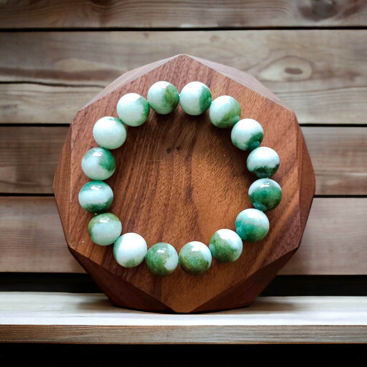 #182 Natural Green and White Burma Jadeite Yin Yang Bead Bracelet, 13 mm