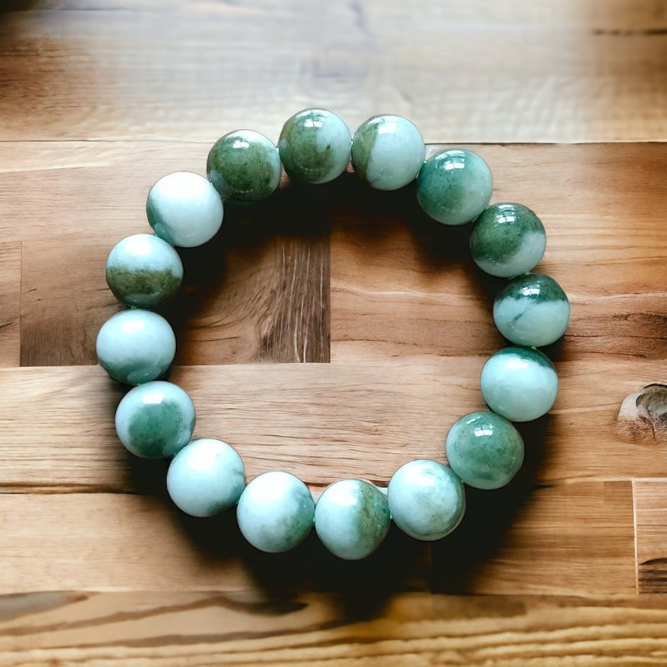 #182 Natural Green and White Burma Jadeite Yin Yang Bead Bracelet, 13 mm