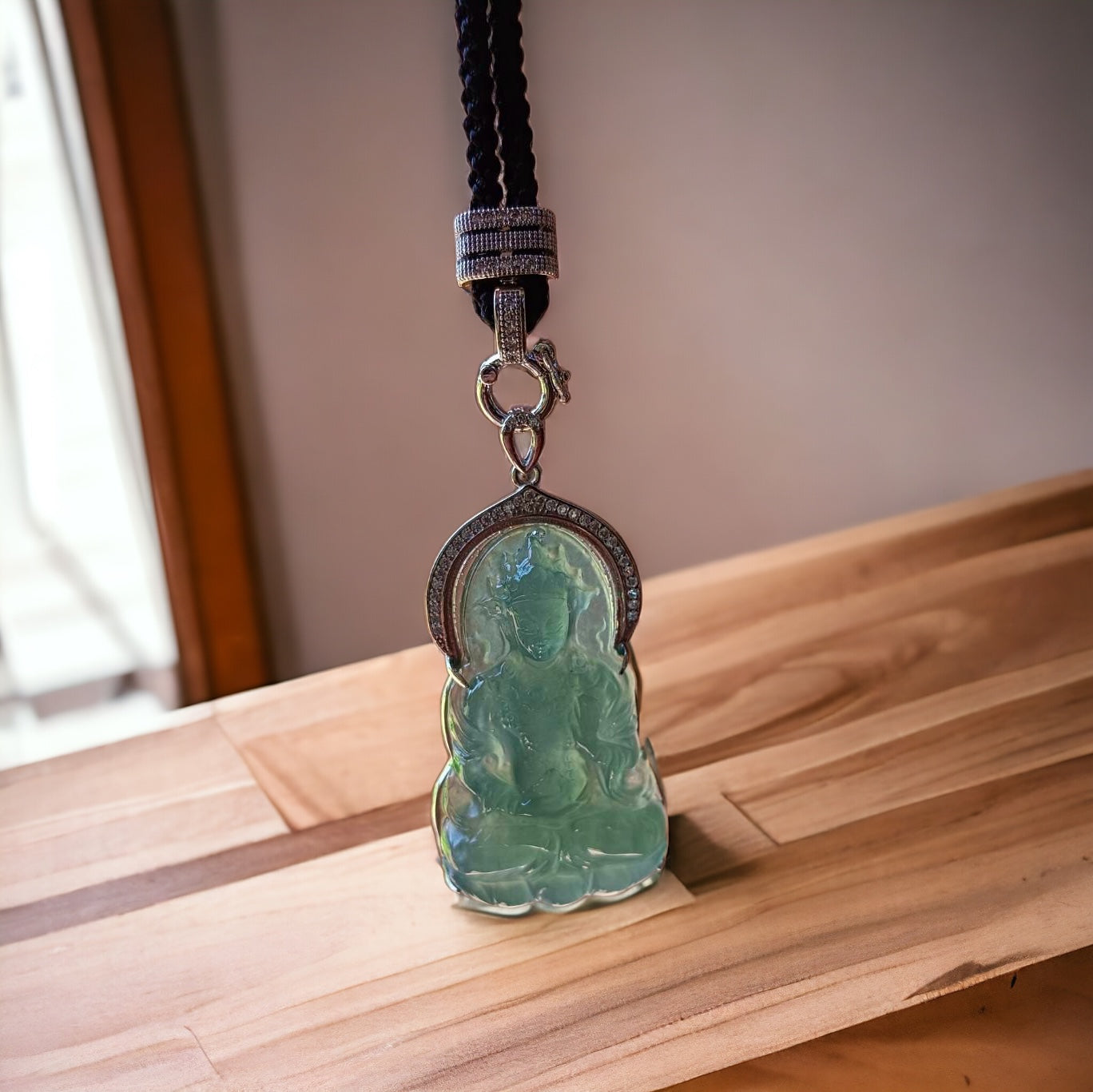#735 Natural Translucent Blue Water Burma Jadeite, Tara Pendant in Sterling Silver Holder