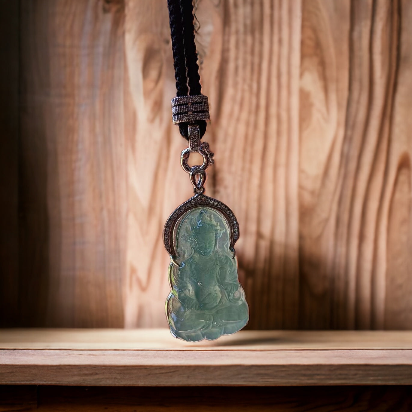 #735 Natural Translucent Blue Water Burma Jadeite, Tara Pendant in Sterling Silver Holder