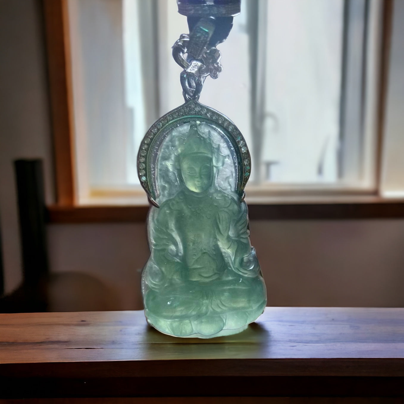 #735 Natural Translucent Blue Water Burma Jadeite, Tara Pendant in Sterling Silver Holder
