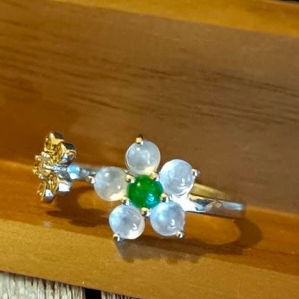 #24 Natural White and Imperial Green Burma Jadeite Jade Flower Sterling Silver Ring