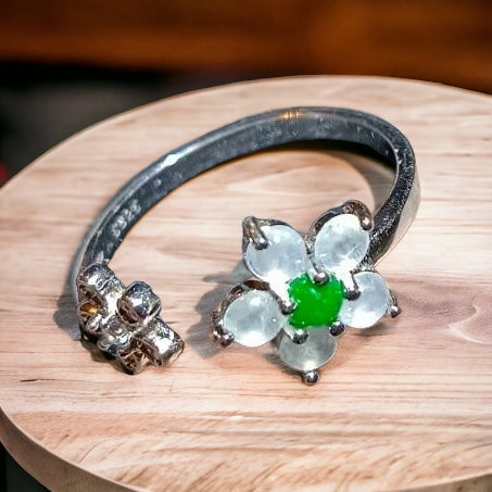 #24 Natural White and Imperial Green Burma Jadeite Jade Flower Sterling Silver Ring