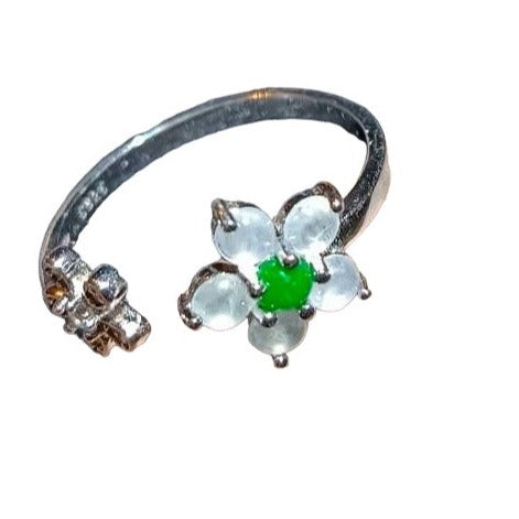#24 Natural White and Imperial Green Burma Jadeite Jade Flower Sterling Silver Ring