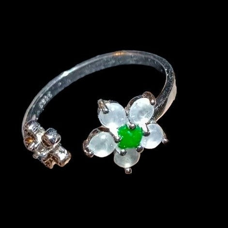 #24 Natural White and Imperial Green Burma Jadeite Jade Flower Sterling Silver Ring