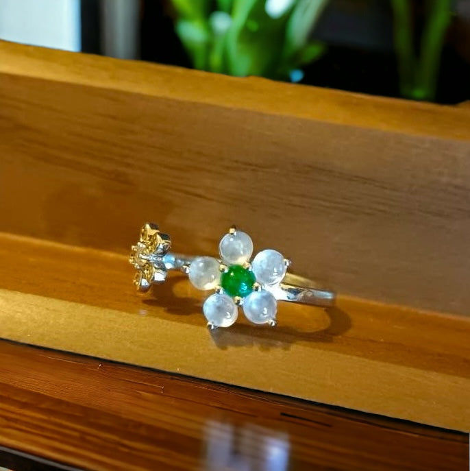 #24 Natural White and Imperial Green Burma Jadeite Jade Flower Sterling Silver Ring