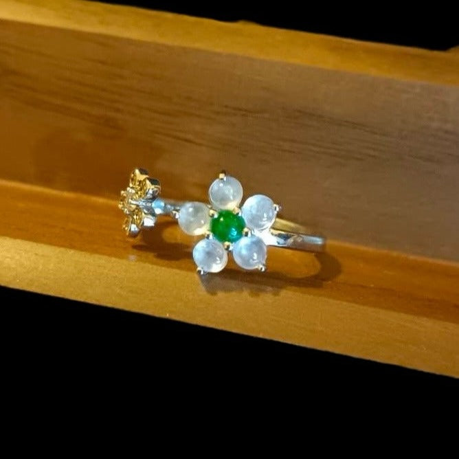 #24 Natural White and Imperial Green Burma Jadeite Jade Flower Sterling Silver Ring