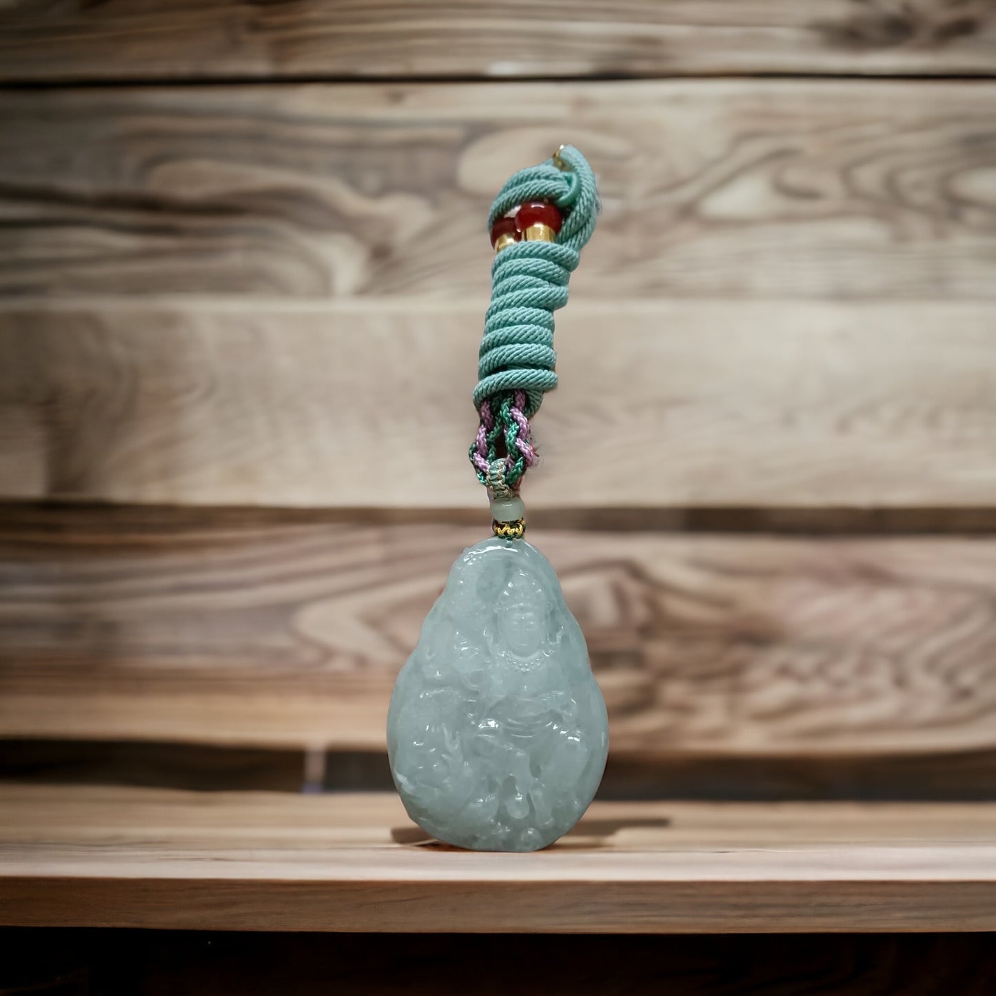 #572 GIA Certified Natural Translucent Light Green Burma Jadeite, Guan Yin and Dragon Pendant