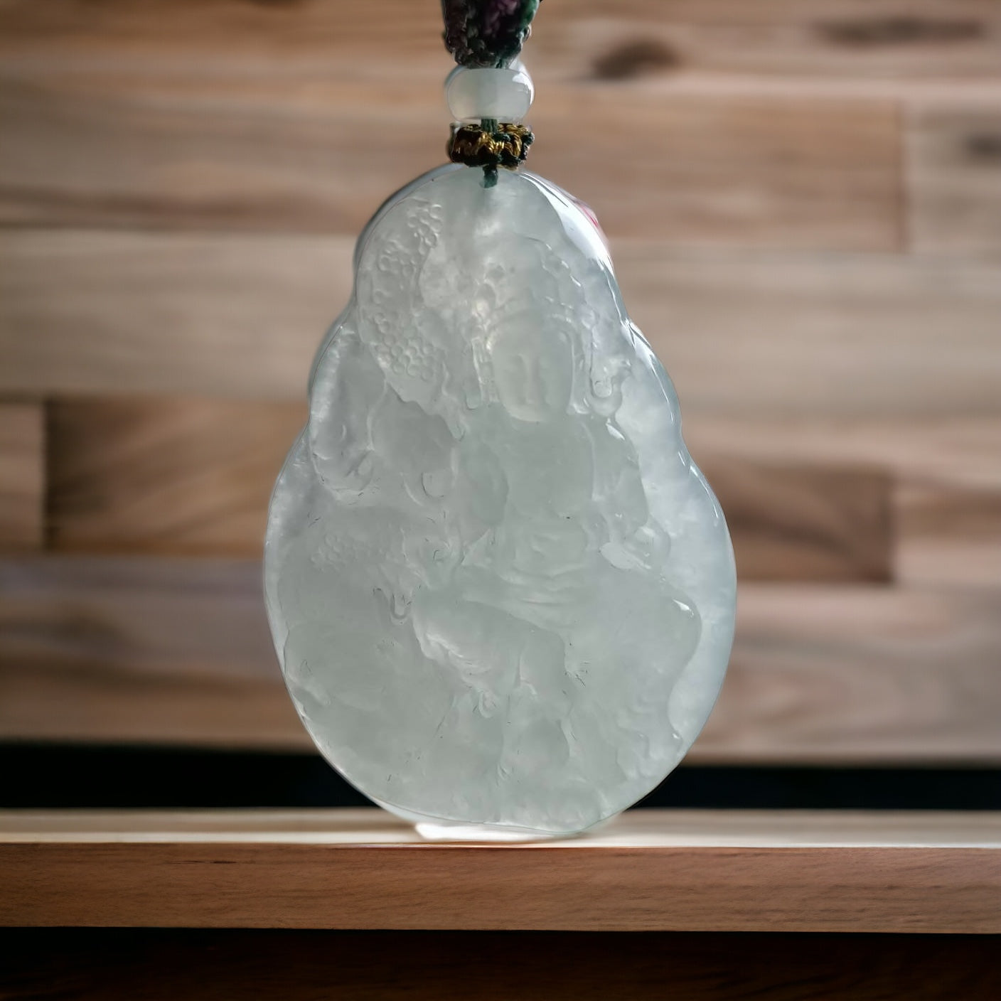 #572 GIA Certified Natural Translucent Light Green Burma Jadeite, Guan Yin and Dragon Pendant
