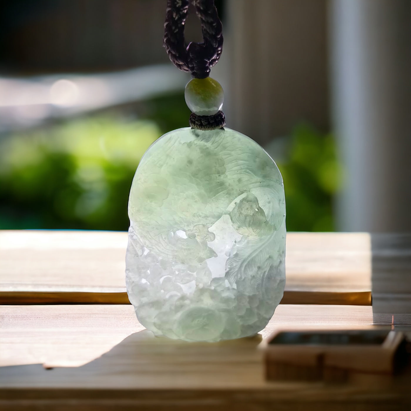 #168 GIA Certified Icy Burma Jadeite Pierced Phoenix Hollow Carving Pendant
