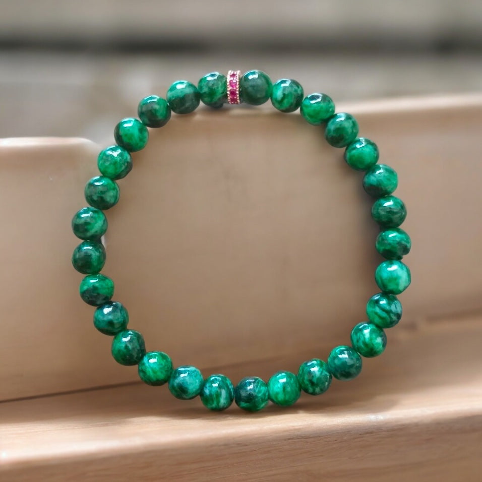 #788 Natural Dark Green Burma Jadeite Bead Bracelet with 14K Gold Plated CZ Divider, 6.5 mm