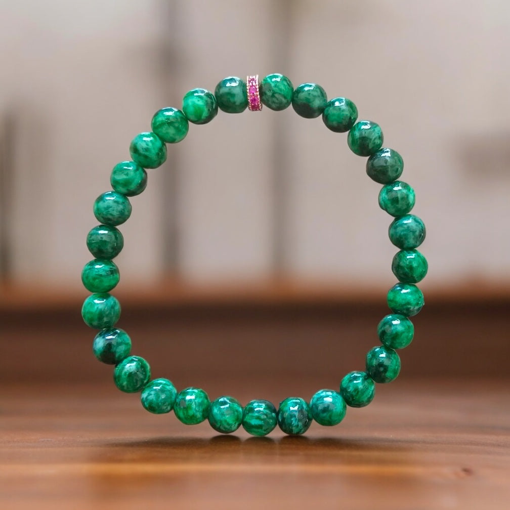 #788 Natural Dark Green Burma Jadeite Bead Bracelet with 14K Gold Plated CZ Divider, 6.5 mm