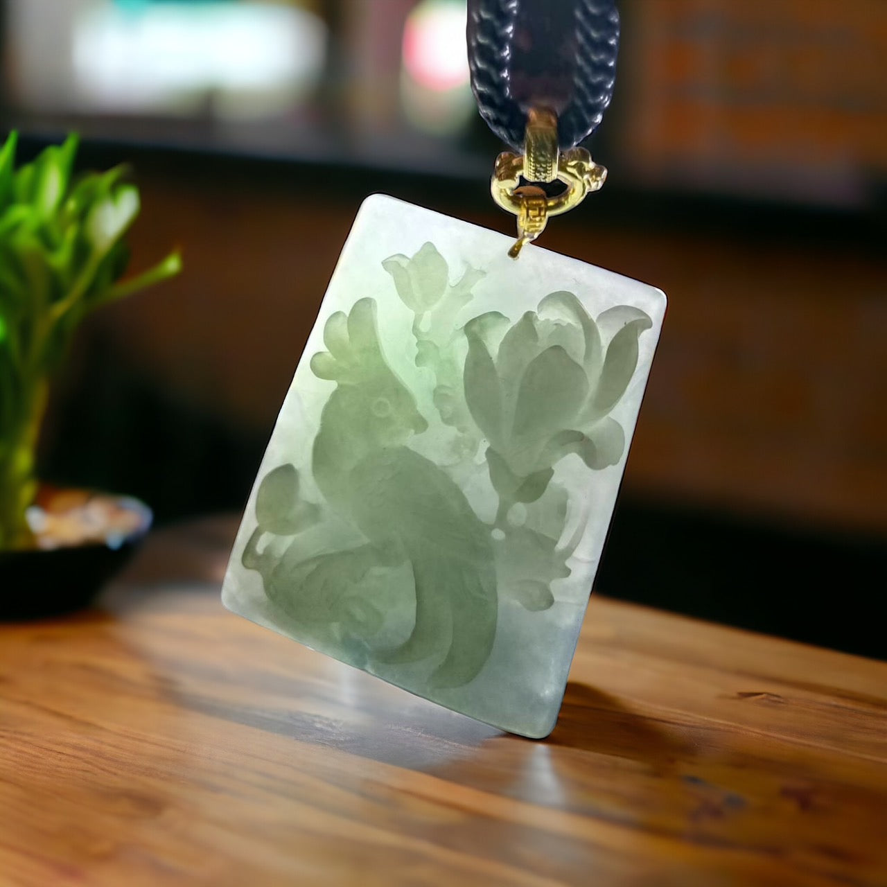 #159 GIA Certified Natural Jadeite Jade Parrot and Peonies Pendant with 18K Yellow Gold