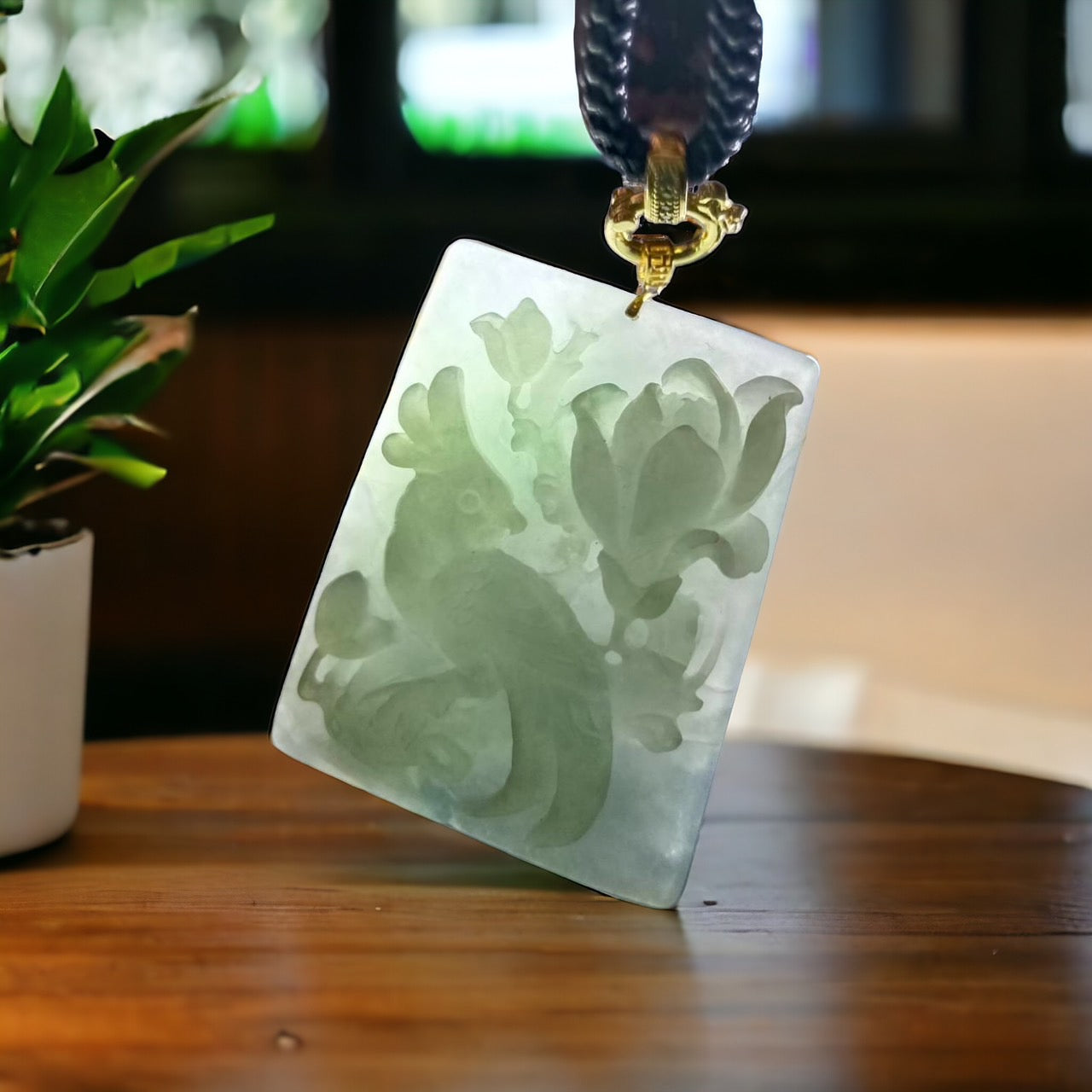 #159 GIA Certified Natural Jadeite Jade Parrot and Peonies Pendant with 18K Yellow Gold