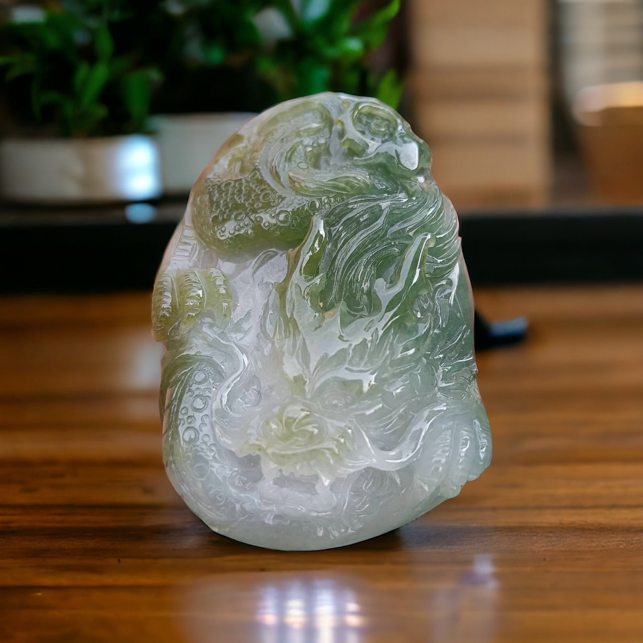 #19 Mason-Kay Certified Natural Jadeite Jade Mocha Green Dragon Pendant with Bead Necklace