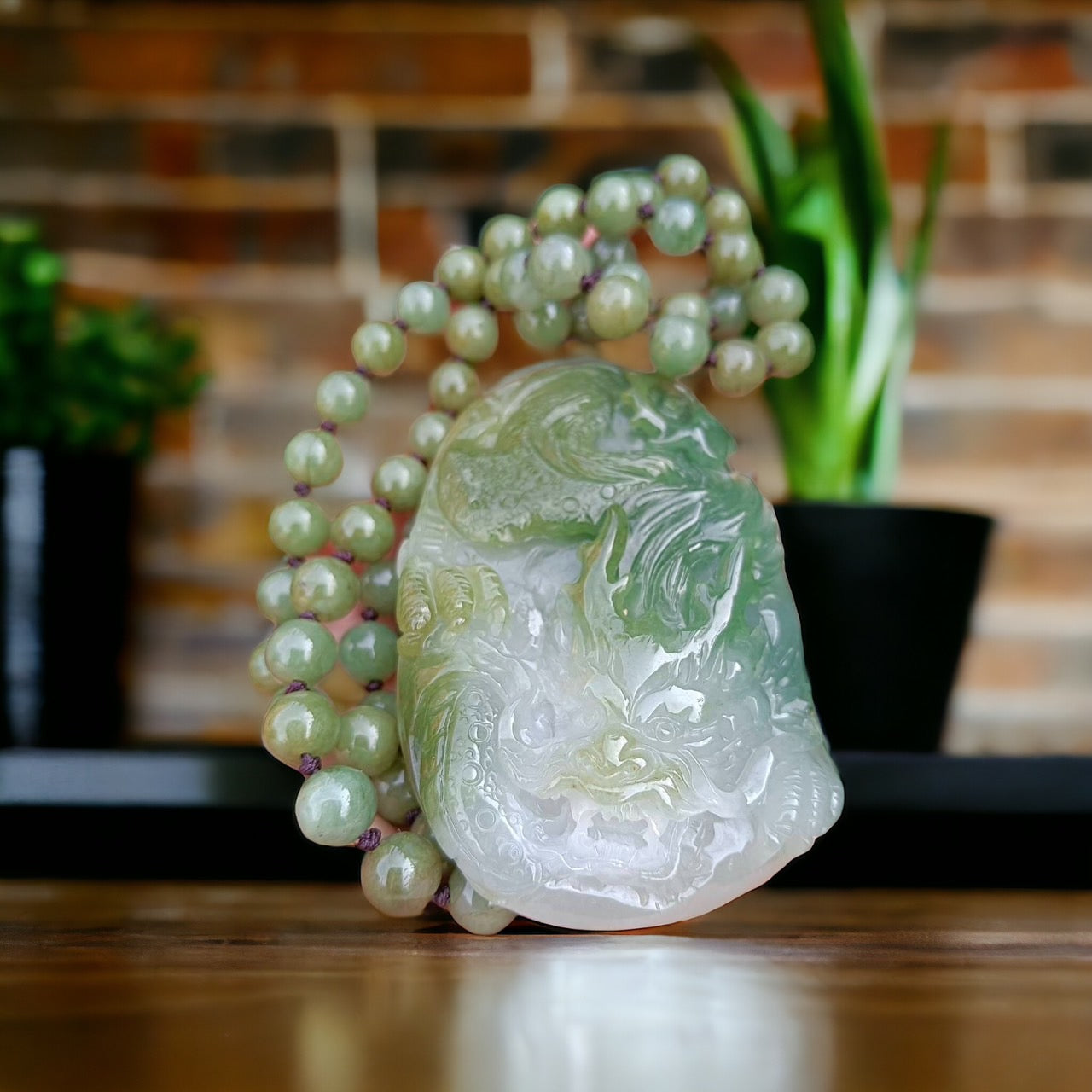 #19 Mason-Kay Certified Natural Jadeite Jade Mocha Green Dragon Pendant with Bead Necklace
