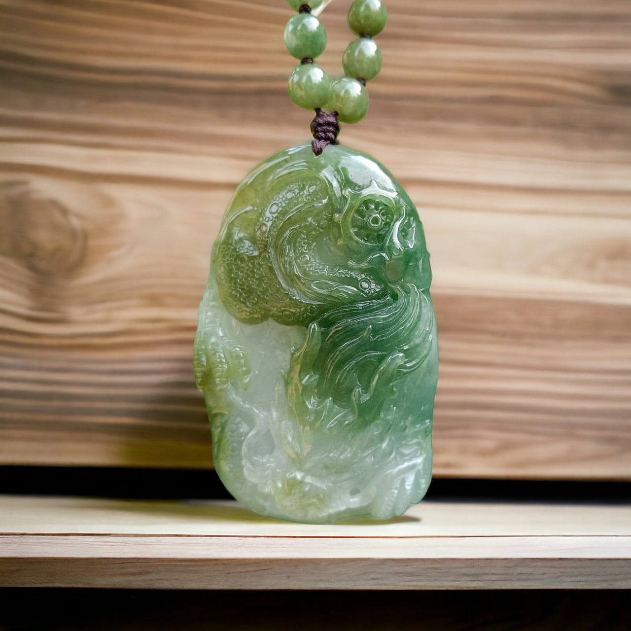 #19 Mason-Kay Certified Natural Jadeite Jade Mocha Green Dragon Pendant with Bead Necklace