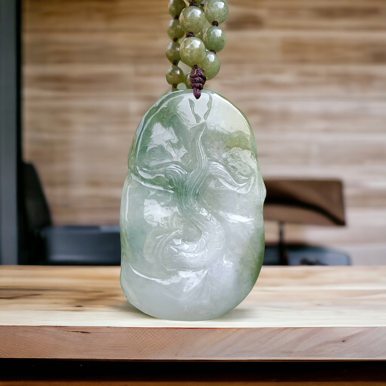 #19 Mason-Kay Certified Natural Jadeite Jade Mocha Green Dragon Pendant with Bead Necklace
