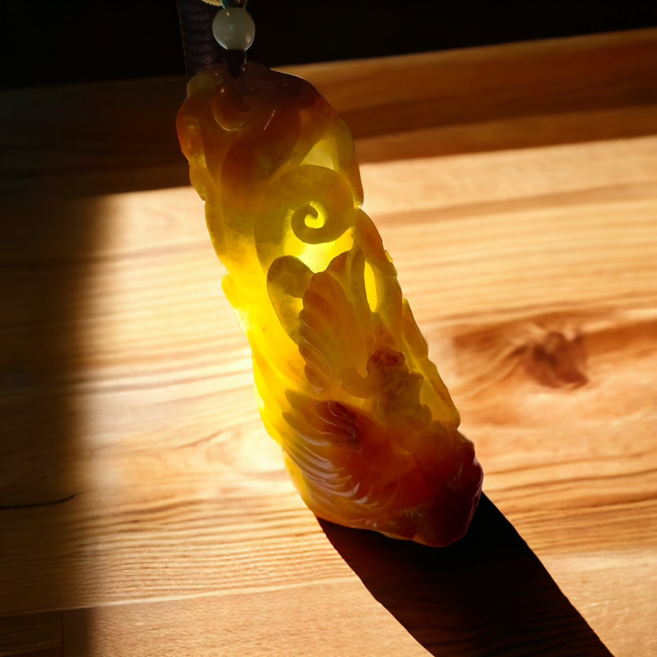 #138 Mason-Kay Certified Natural Translucent Yellow Jadeite Phoenix Pendant