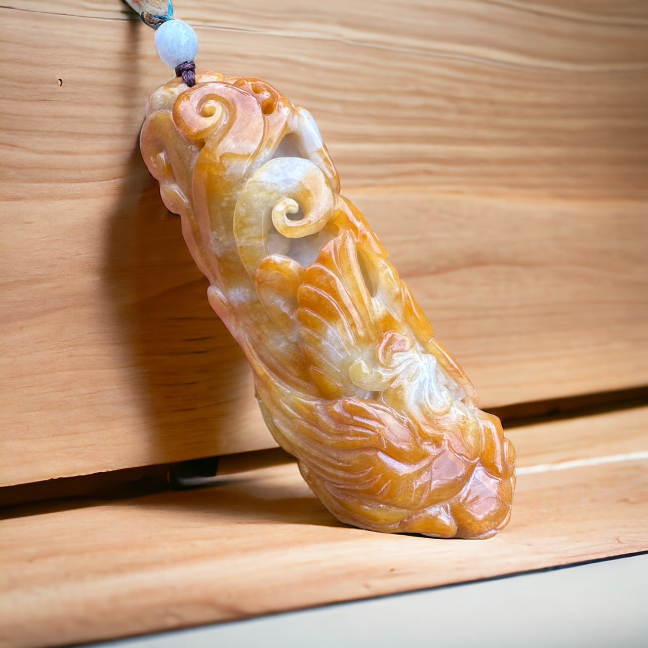 #138 Mason-Kay Certified Natural Translucent Yellow Jadeite Phoenix Pendant