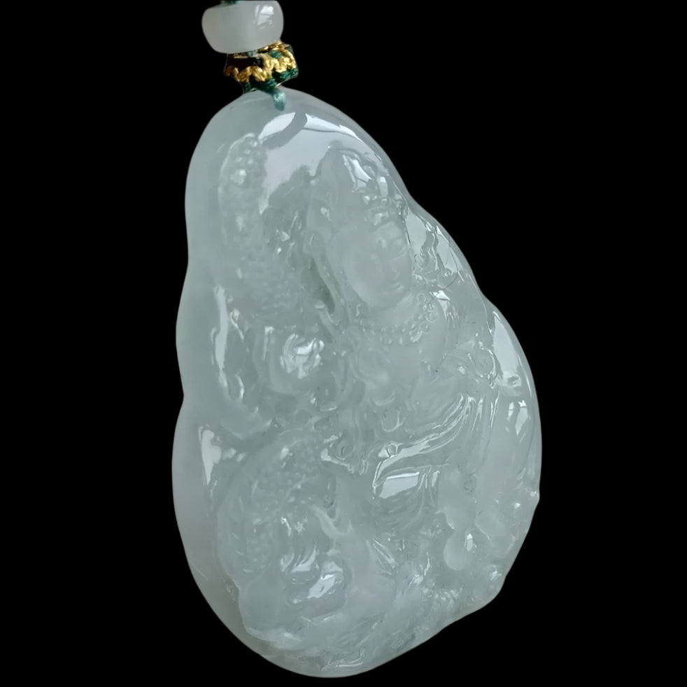 #572 GIA Certified Natural Translucent Light Green Burma Jadeite, Guan Yin and Dragon Pendant