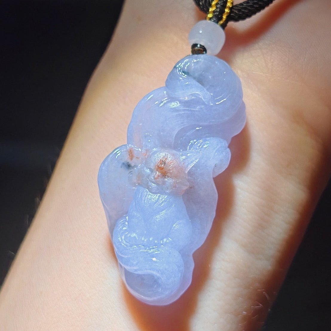 #793 AGL Certified Semi-Transparent Tri-Color Burma Jadeite, 9-Tailed Fox Pendant