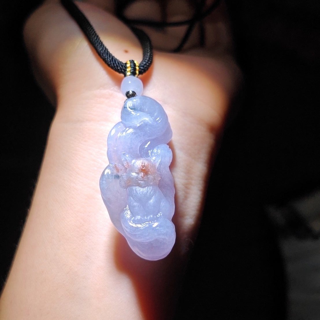#793 AGL Certified Semi-Transparent Tri-Color Burma Jadeite, 9-Tailed Fox Pendant