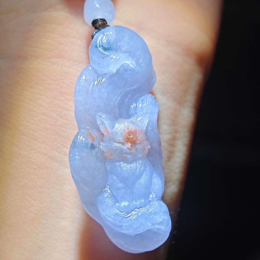 #793 AGL Certified Semi-Transparent Tri-Color Burma Jadeite, 9-Tailed Fox Pendant