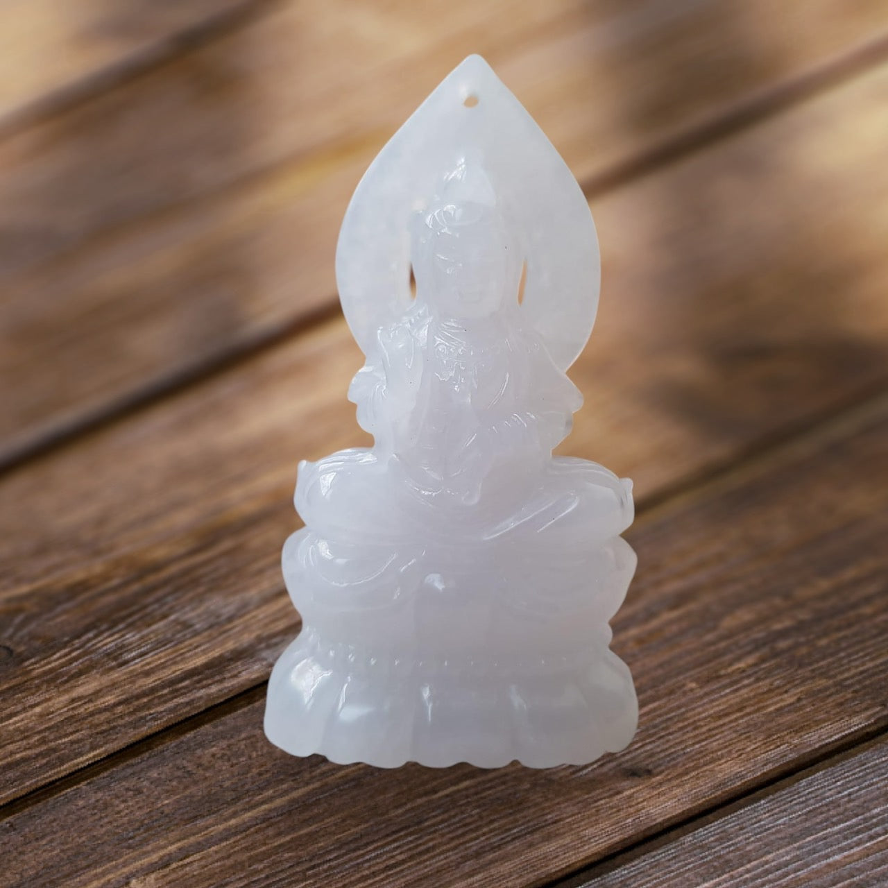 #944 Burma White Jadeite Guanyin Pendant with 18 Karat Yellow Gold Bail and Display