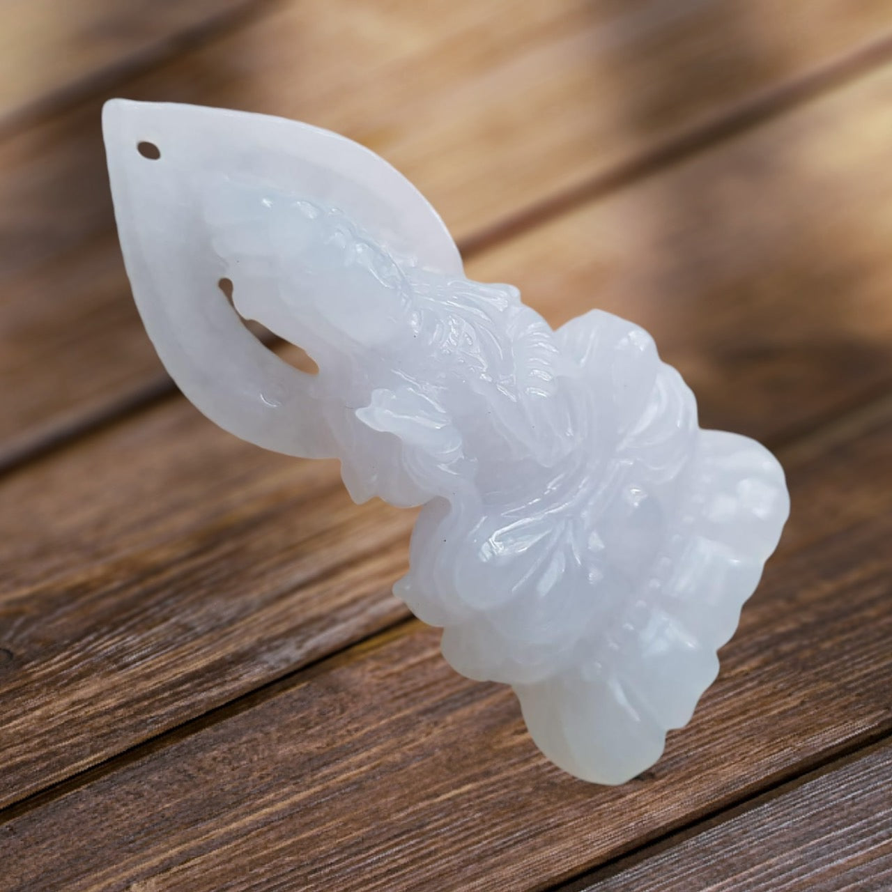 #944 Burma White Jadeite Guanyin Pendant with 18 Karat Yellow Gold Bail and Display