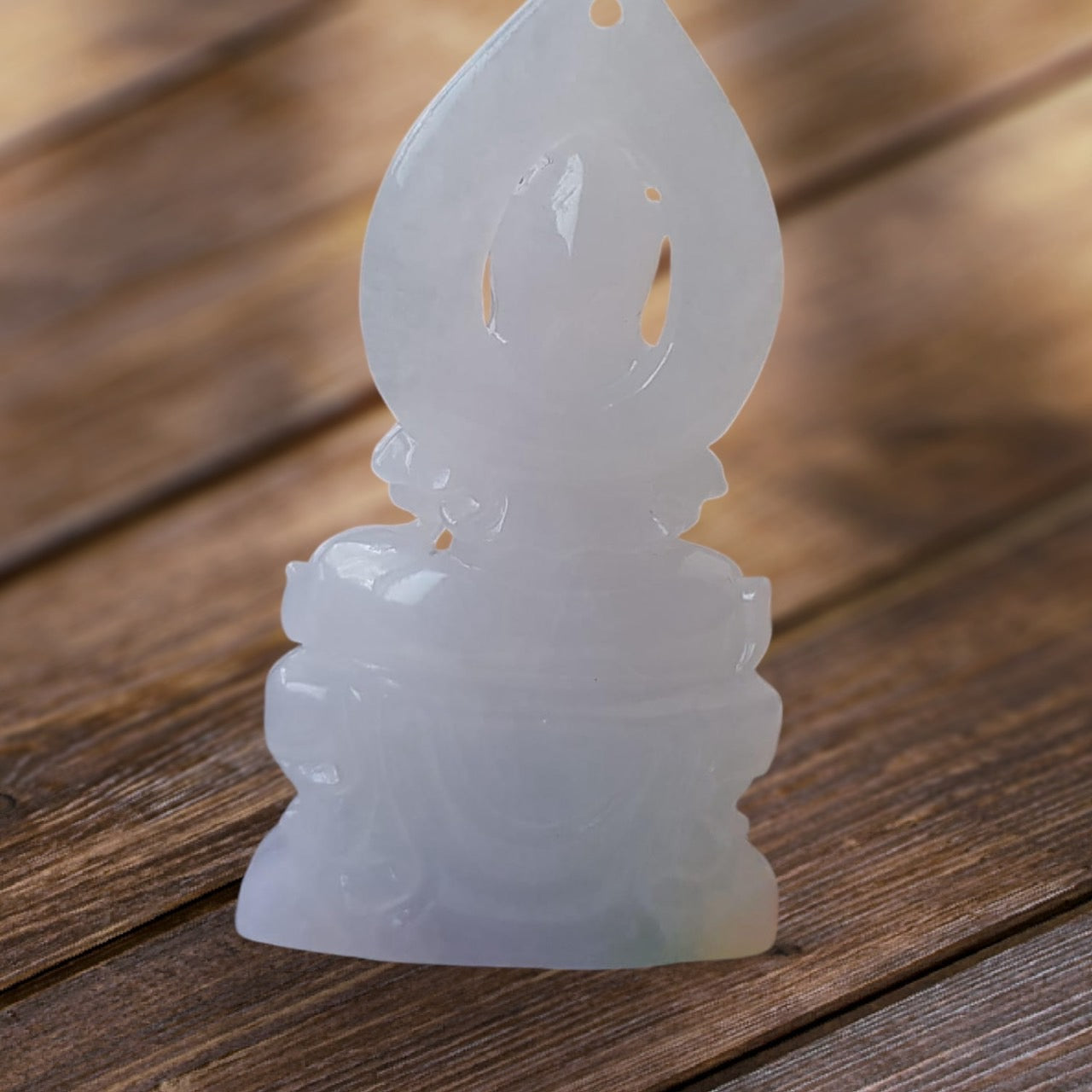 #944 Burma White Jadeite Guanyin Pendant with 18 Karat Yellow Gold Bail and Display