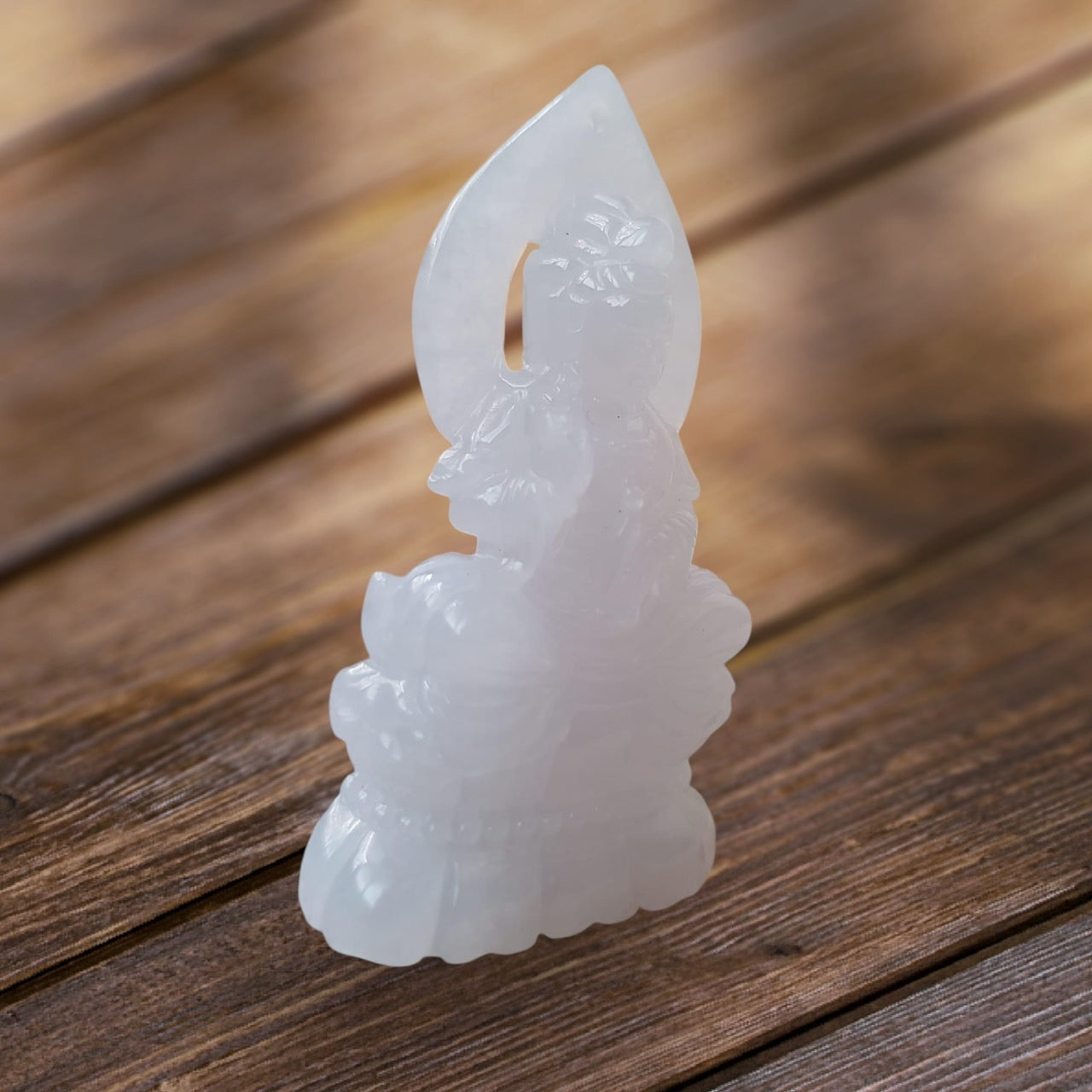 #944 Burma White Jadeite Guanyin Pendant with 18 Karat Yellow Gold Bail and Display