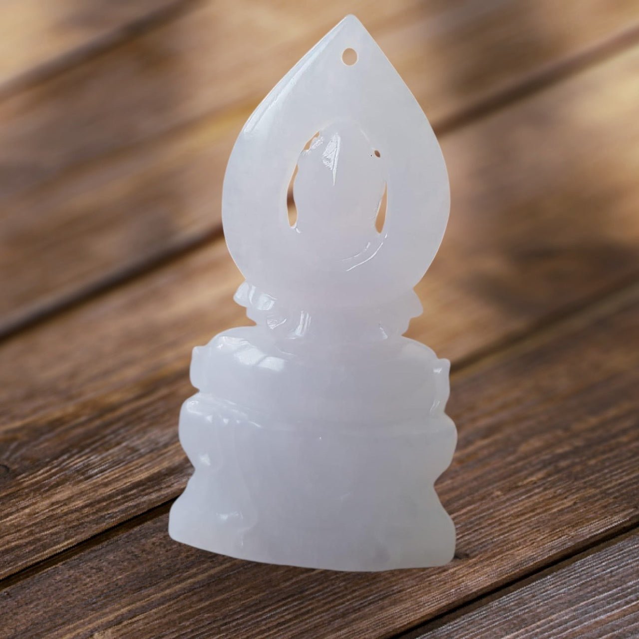 #944 Burma White Jadeite Guanyin Pendant with 18 Karat Yellow Gold Bail and Display