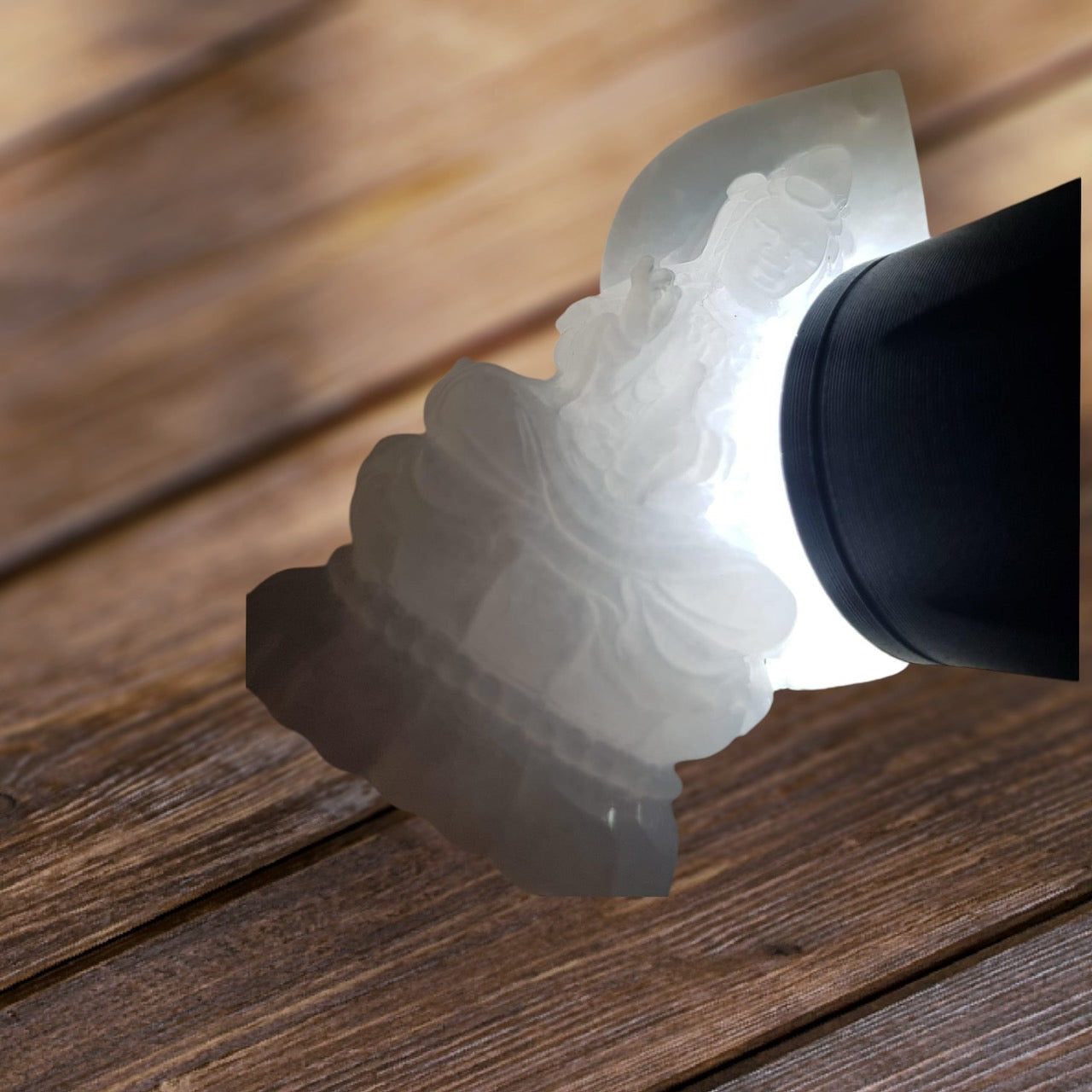 #944 Burma White Jadeite Guanyin Pendant with 18 Karat Yellow Gold Bail and Display