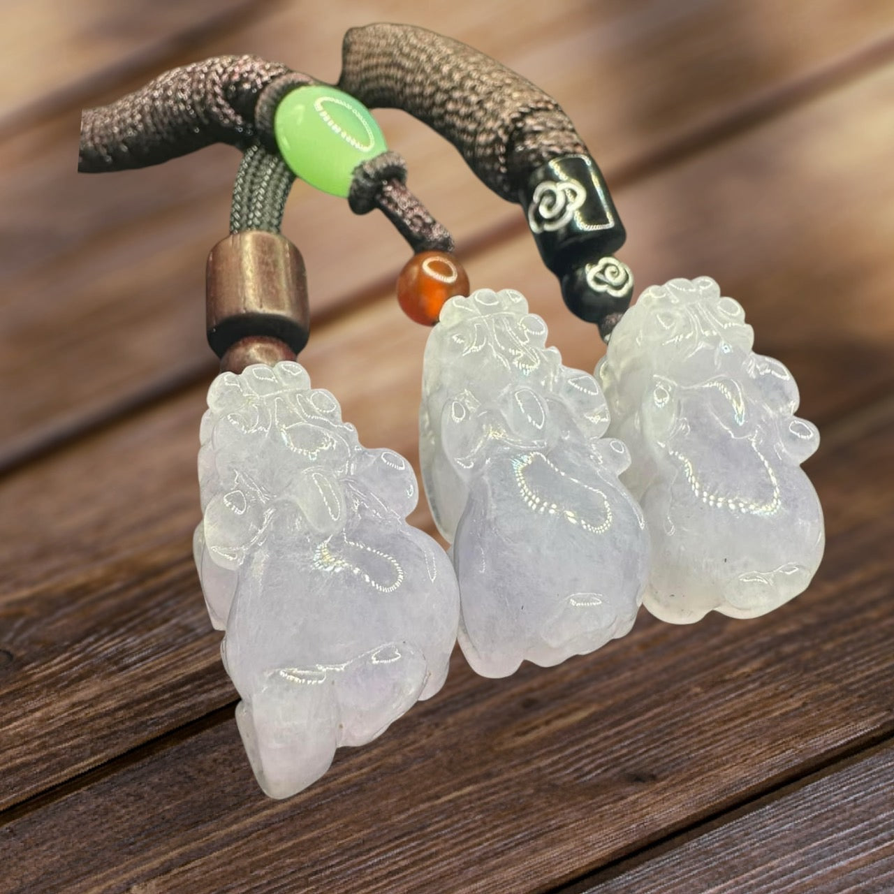 #848, the AGL Certified Natural Translucent Lavender Burma Jadeite Pixiu Triplets Pendants