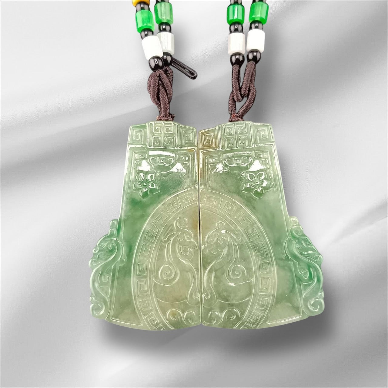 #947 Dragon and Phoenix Pair Jadeite Pendant – A Timeless Symbol of Harmony and Blessings