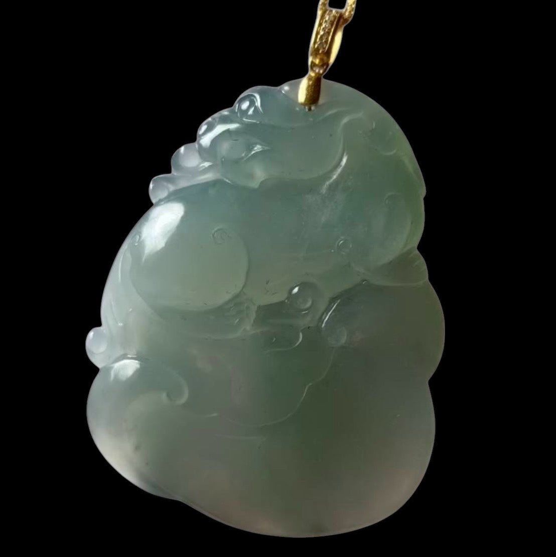 #110 Rare and Exquisite: GIA-Certified Icy Sky Blue Translucent Natural Burma Jadeite Jade Pixiu on Ruyi Pendant
