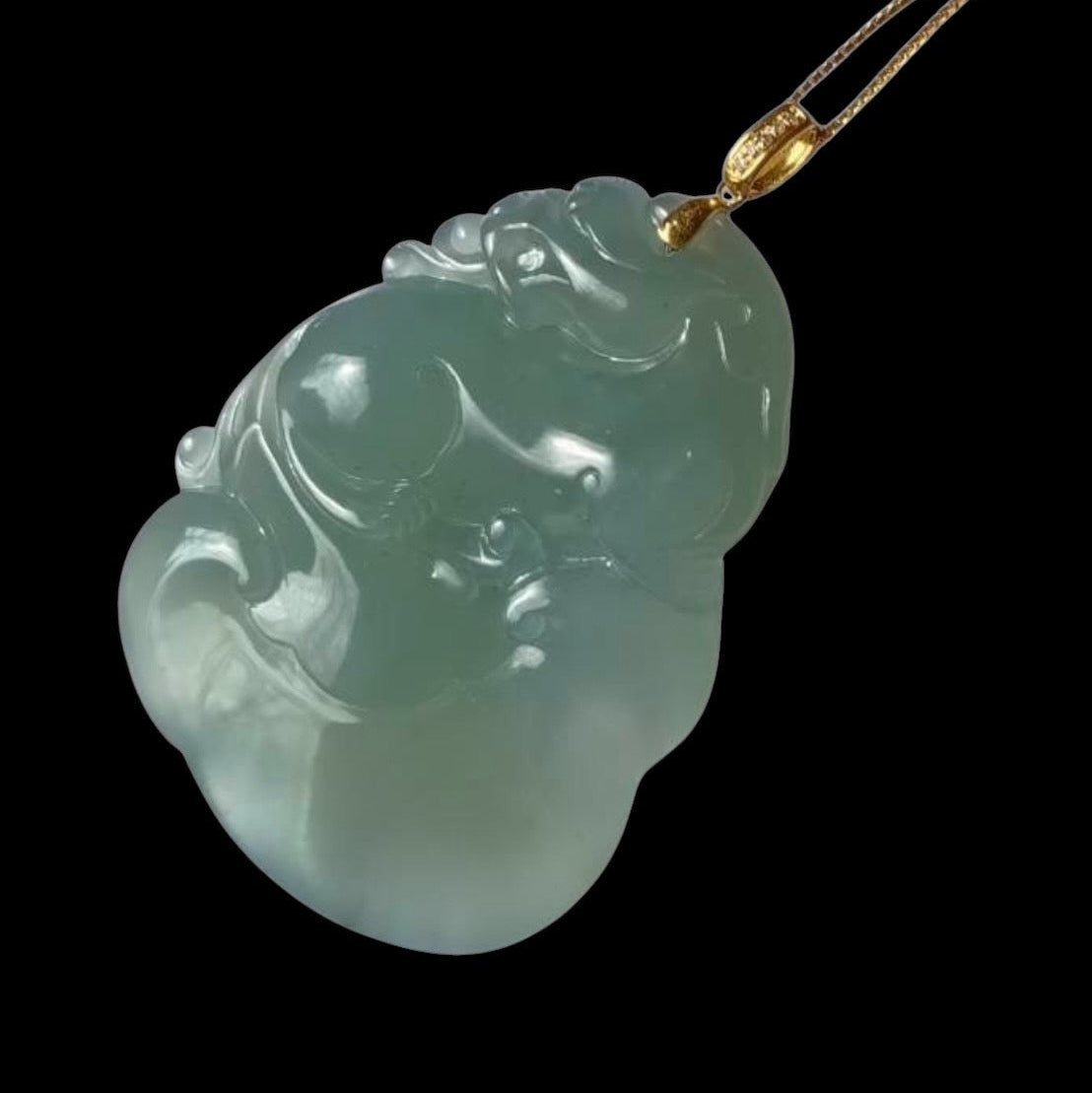#110 Rare and Exquisite: GIA-Certified Icy Sky Blue Translucent Natural Burma Jadeite Jade Pixiu on Ruyi Pendant