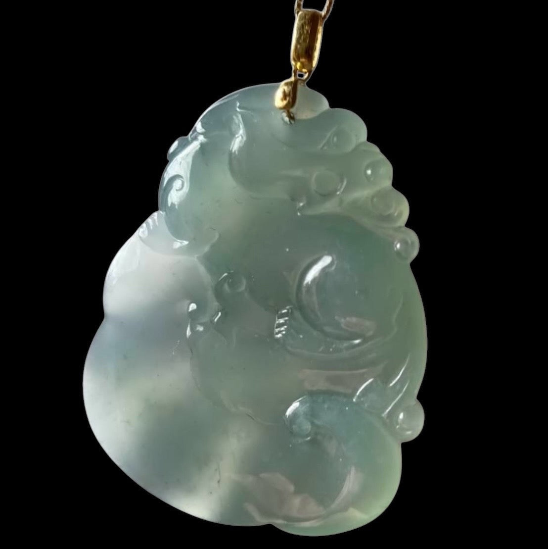 #110 Rare and Exquisite: GIA-Certified Icy Sky Blue Translucent Natural Burma Jadeite Jade Pixiu on Ruyi Pendant