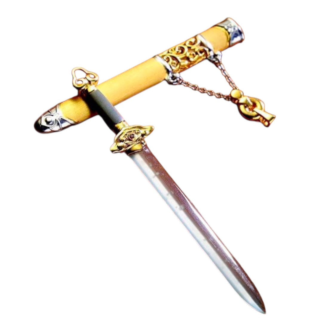#1037 Exquisite Jadeite Sword Set with S925 Sterling Silver Guard, Gold Accents, and Knight Display